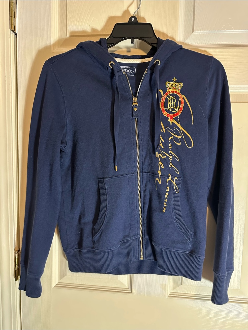 Vintage Ralph Lauren Navy Zip-Front Hoodie Jacket with Crest